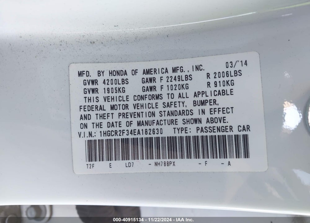 2014 HONDA ACCORD LX VIN: 1HGCR2F34EA182630