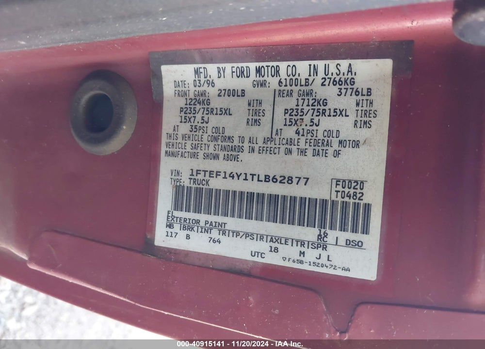 1996 FORD F150 VIN: 1FTEF14Y1TLB62877