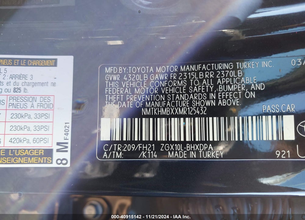 2021 TOYOTA C-HR LE VIN: NMTKHMBXXMR125432