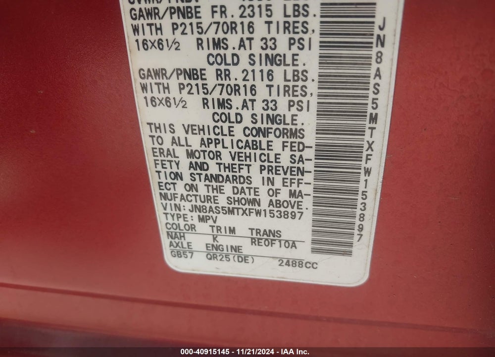 2015 NISSAN ROGUE SELECT S VIN: JN8AS5MTXFW153897