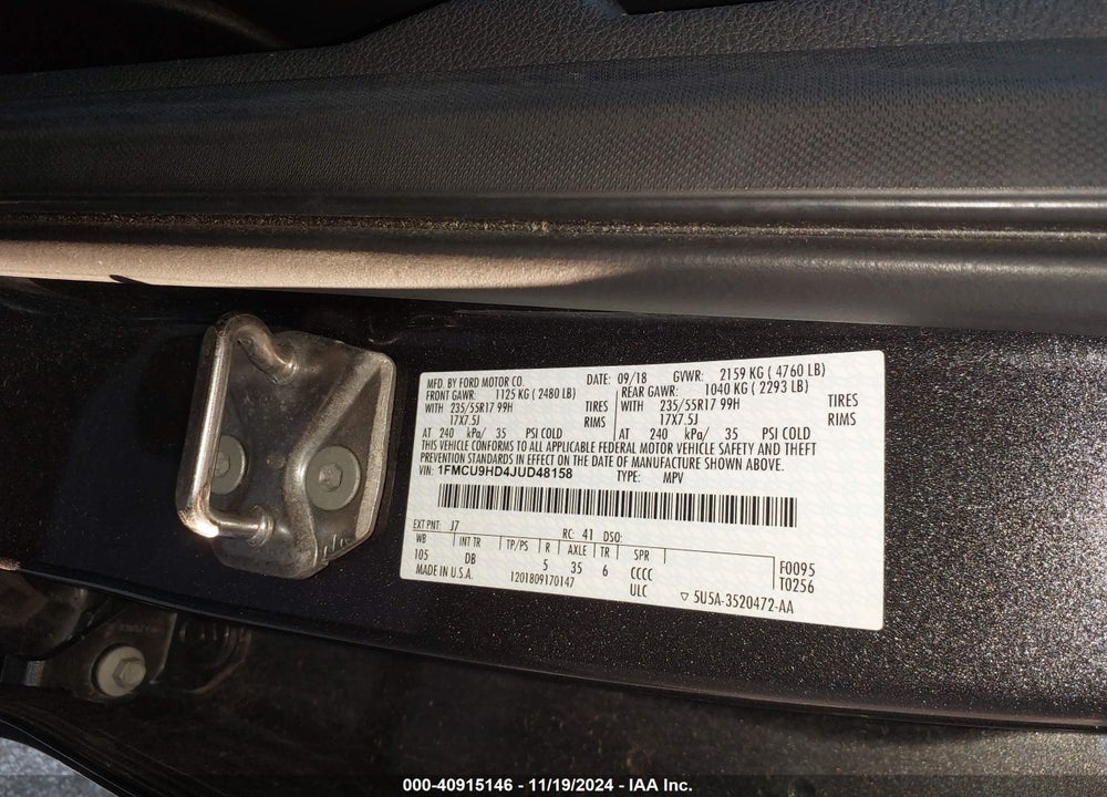 2018 FORD ESCAPE SEL VIN: 1FMCU9HD4JUD48158