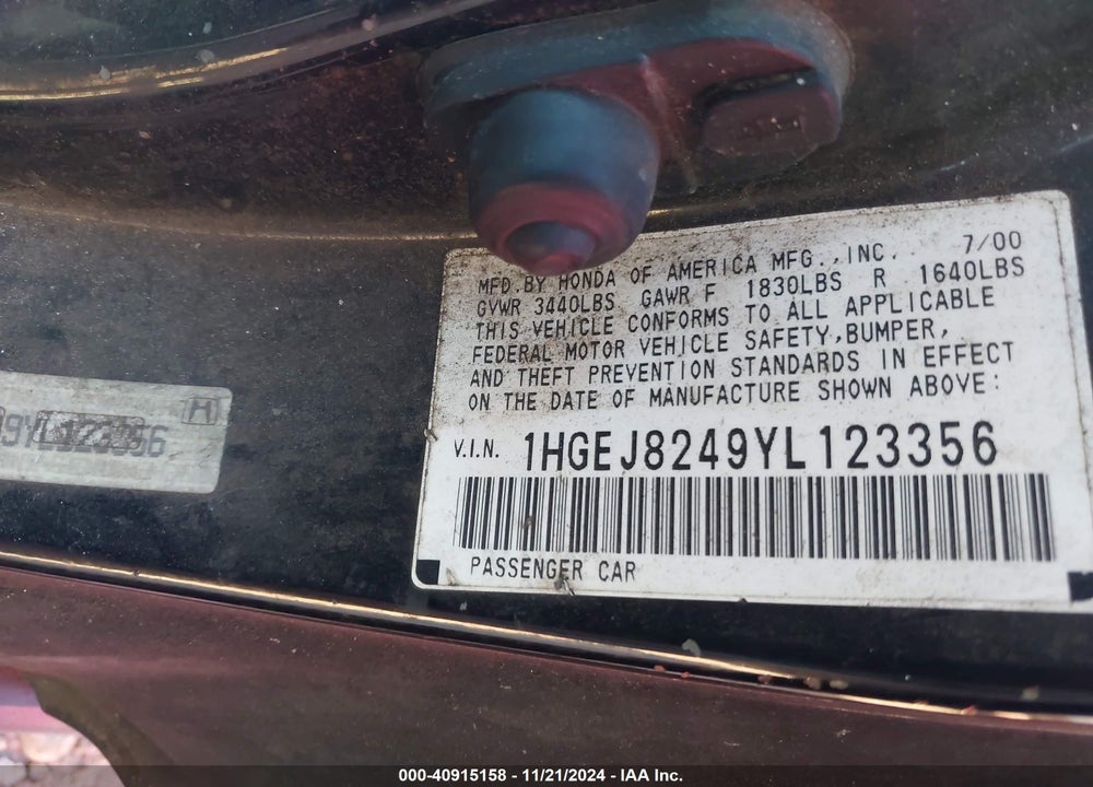 2000 HONDA CIVIC EX VIN: 1HGEJ8249YL123356