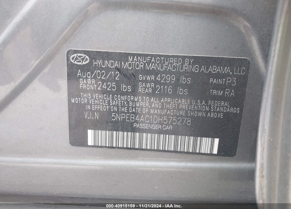 2013 HYUNDAI SONATA GLS VIN: 5NPEB4AC1DH575278