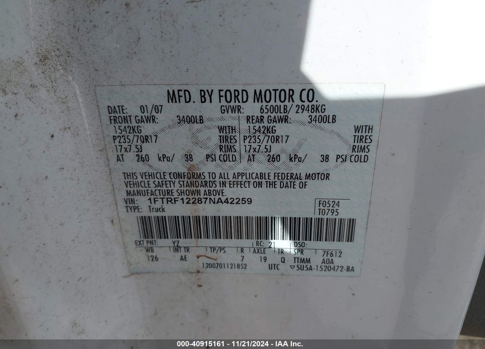 2007 FORD F-150 STX/XL/XLT VIN: 1FTRF12287NA42259