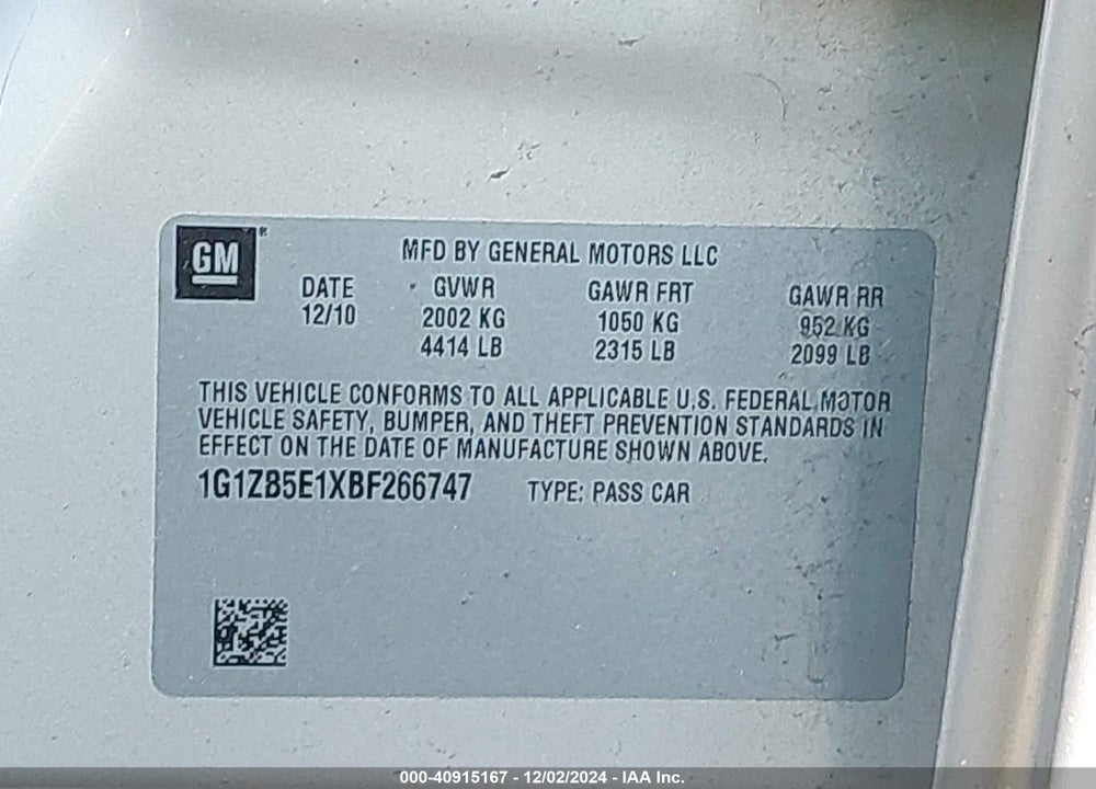2011 CHEVROLET MALIBU LS VIN: 1G1ZB5E1XBF266747