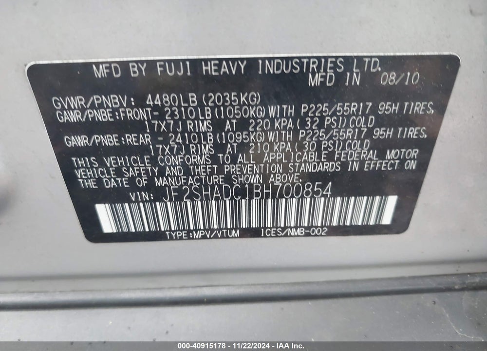 2011 SUBARU FORESTER 2.5X PREMIUM VIN: JF2SHADC1BH700854