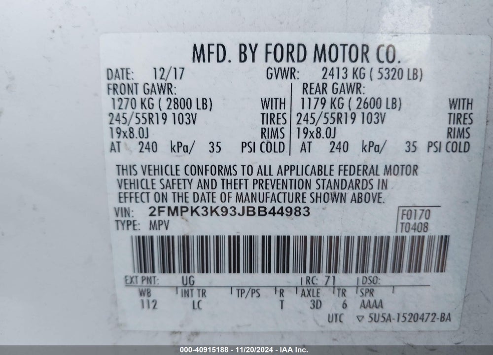 2018 FORD EDGE TITANIUM VIN: 2FMPK3K93JBB44983