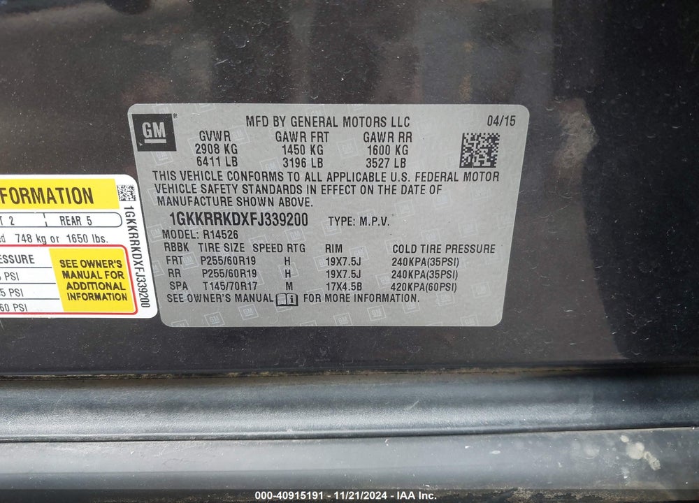 2015 GMC ACADIA SLT-1 VIN: 1GKKRRKDXFJ339200