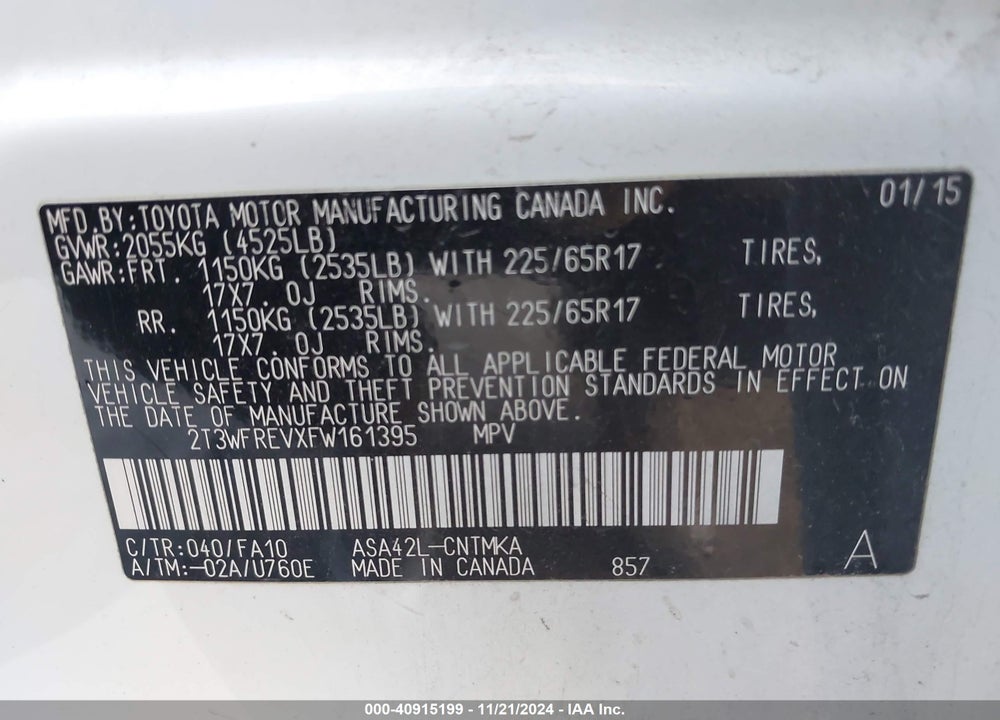 2015 TOYOTA RAV4 XLE VIN: 2T3WFREVXFW161395