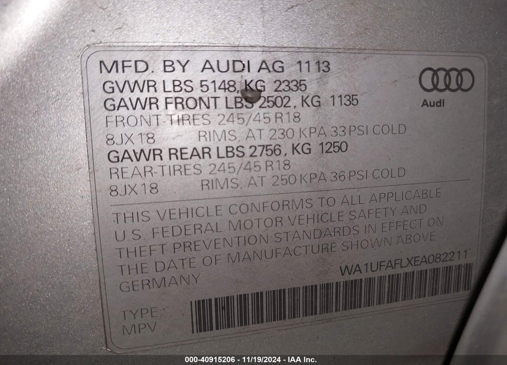 2014 AUDI ALLROAD VIN: WA1UFAFLXEA082211