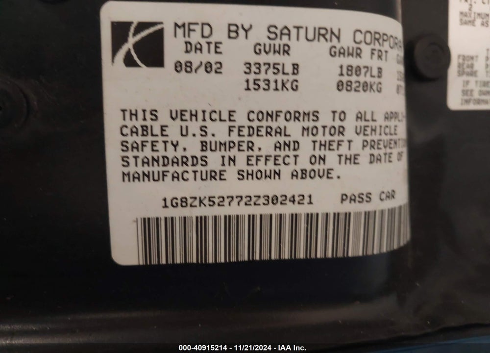 2002 SATURN S-SERIES SL2 VIN: 1G8ZK52772Z302421