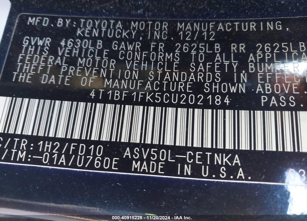 2012 TOYOTA CAMRY VIN: 4T1BF1FK5CU202184