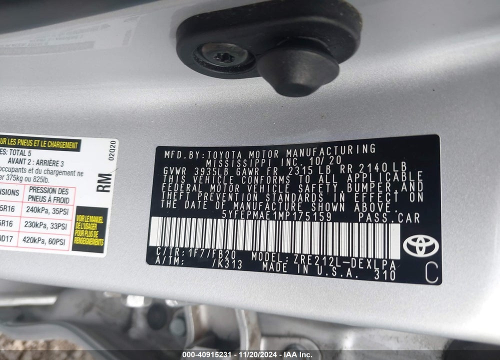2021 TOYOTA COROLLA LE VIN: 5YFEPMAE1MP175159