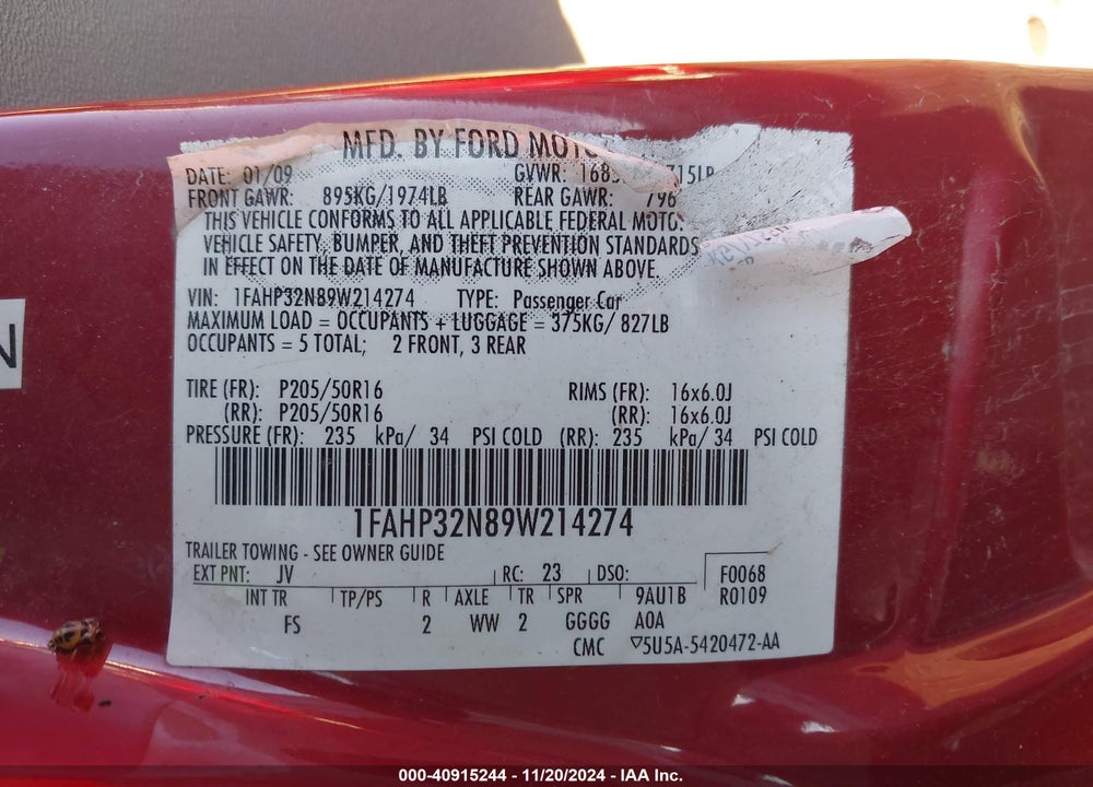 2009 FORD FOCUS SE VIN: 1FAHP32N89W214274
