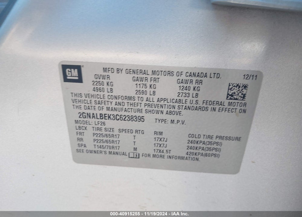 2012 CHEVROLET EQUINOX LS VIN: 2GNALBEK3C6238395