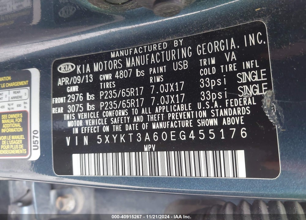 2014 KIA SORENTO LX VIN: 5XYKT3A60EG455176