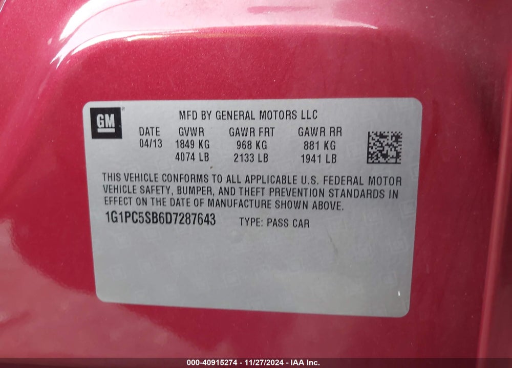 2013 CHEVROLET CRUZE 1LT AUTO VIN: 1G1PC5SB6D7287643