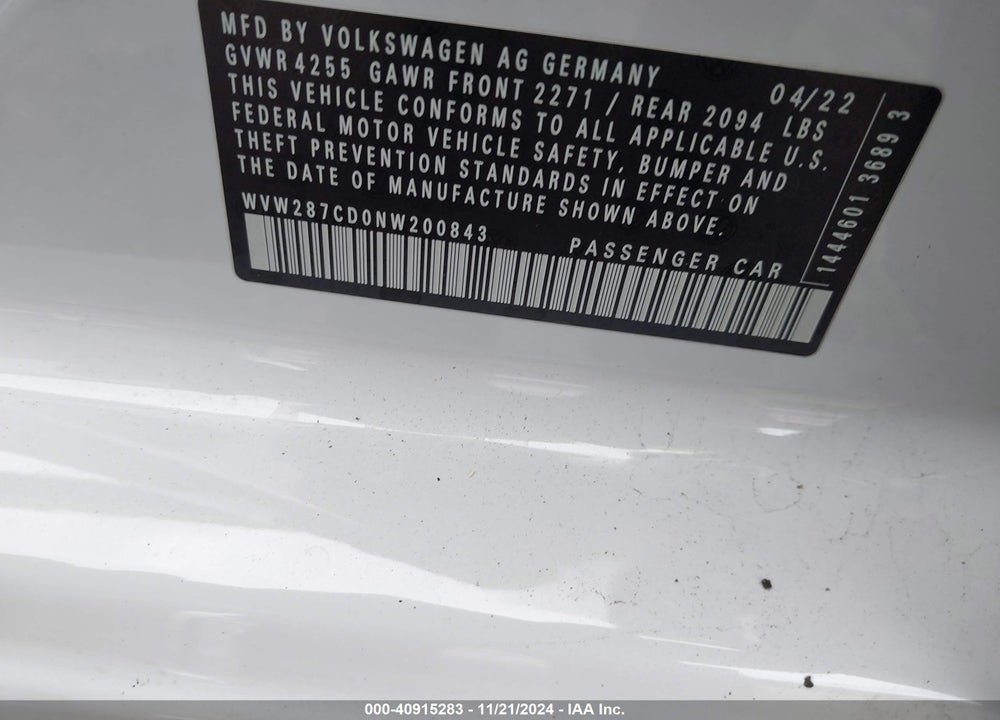 2022 VOLKSWAGEN GOLF GTI 2.0T SE VIN: WVW287CD0NW200843