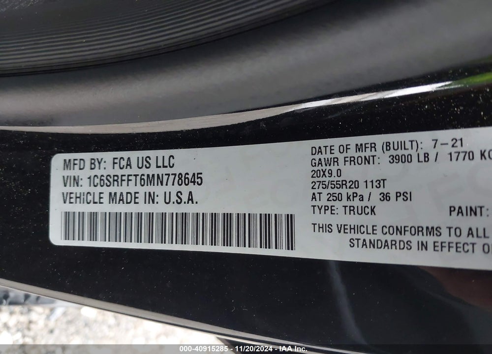 2021 RAM 1500 BIG HORN 4X4 5'7 BOX VIN: 1C6SRFFT6MN778645