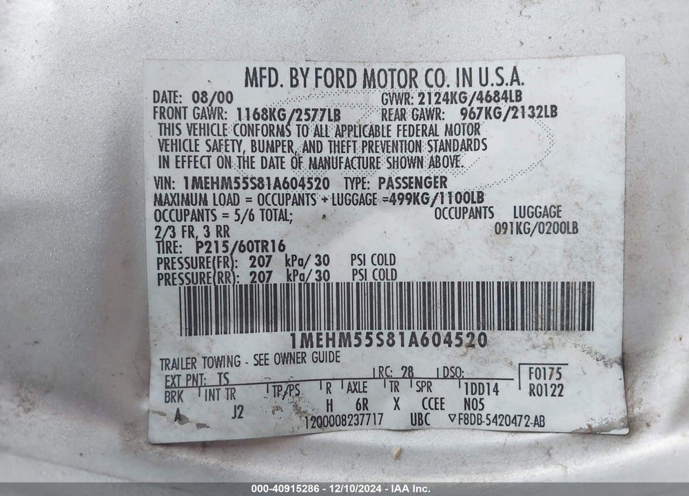 2001 MERCURY SABLE LS PREMIUM VIN: 1MEHM55S81A604520