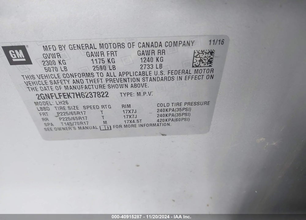 2017 CHEVROLET EQUINOX LT VIN: 2GNFLFEK7H6237822