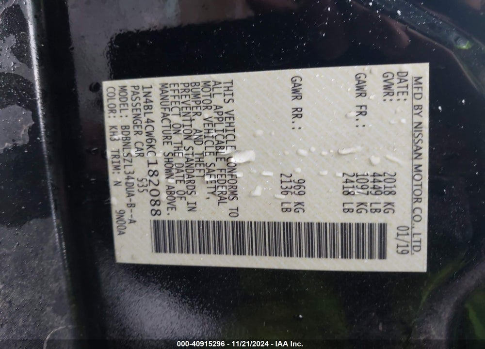 2019 NISSAN ALTIMA VIN: 1N4BL4CW6KC182088
