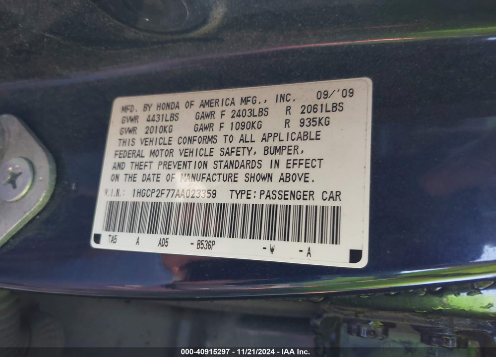 2010 HONDA ACCORD 2.4 EX VIN: 1HGCP2F77AA023359