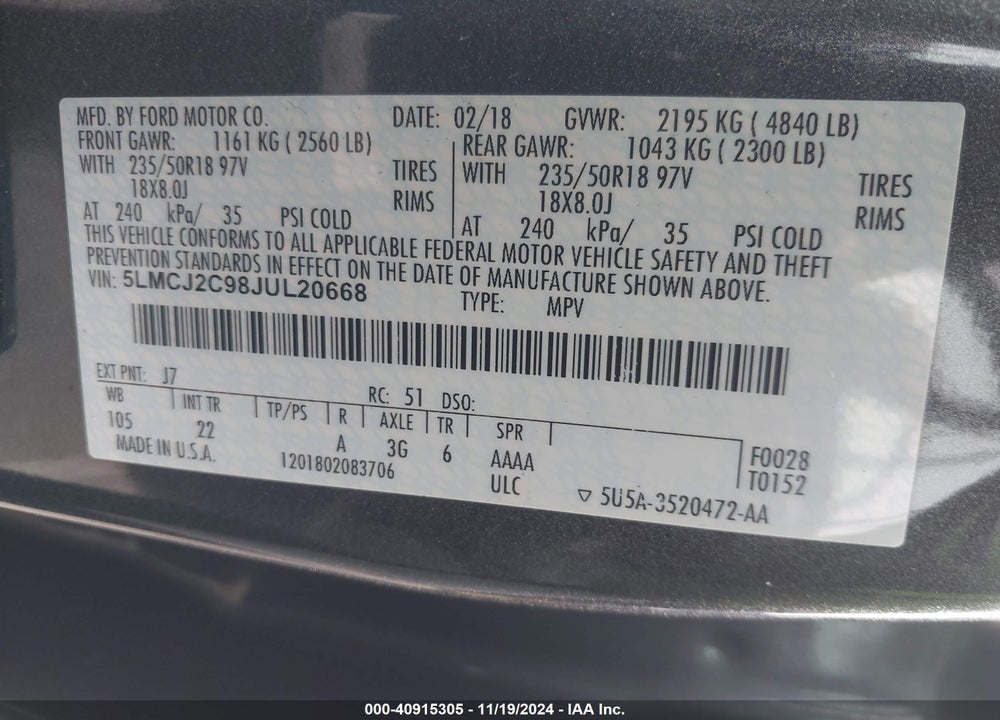 2018 LINCOLN MKC SELECT VIN: 5LMCJ2C98JUL20668