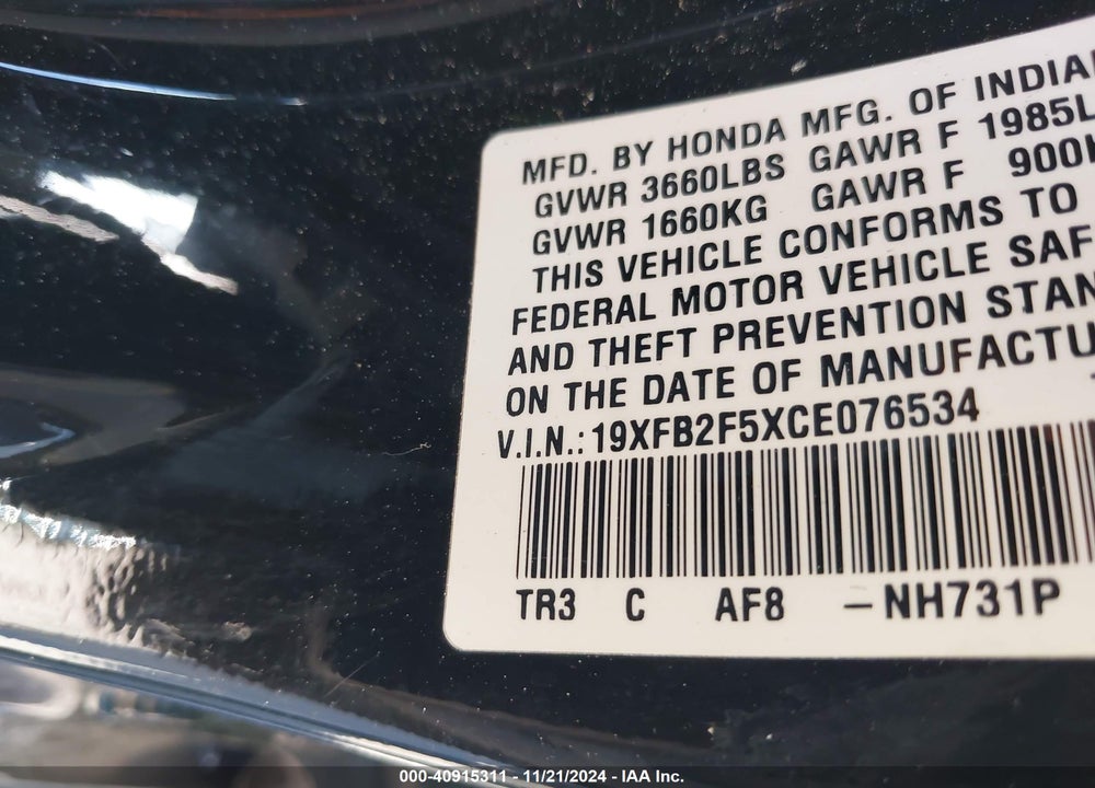 2012 HONDA CIVIC VIN: 19XFB2F5XCE076534