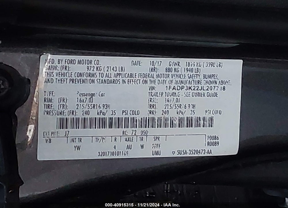 2018 FORD FOCUS VIN: 1FADP3K22JL207718