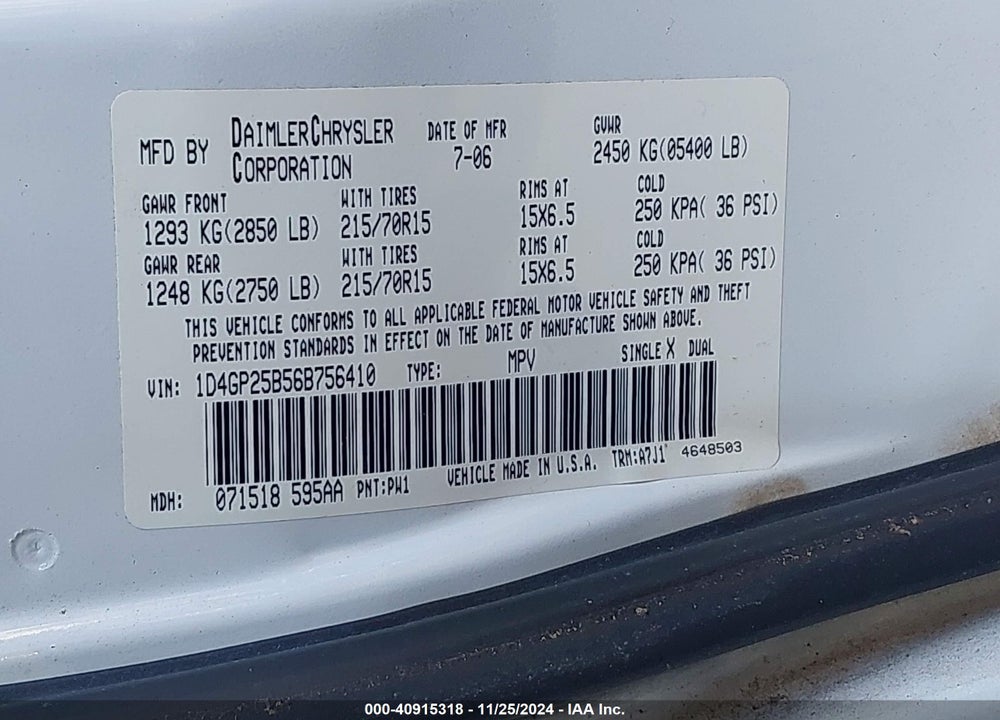 2006 DODGE CARAVAN SE VIN: 1D4GP25B56B756410