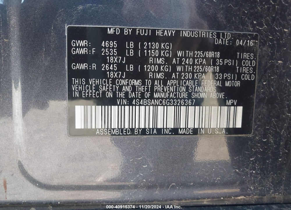 2016 SUBARU OUTBACK 2.5I LIMITED VIN: 4S4BSANC6G3326367