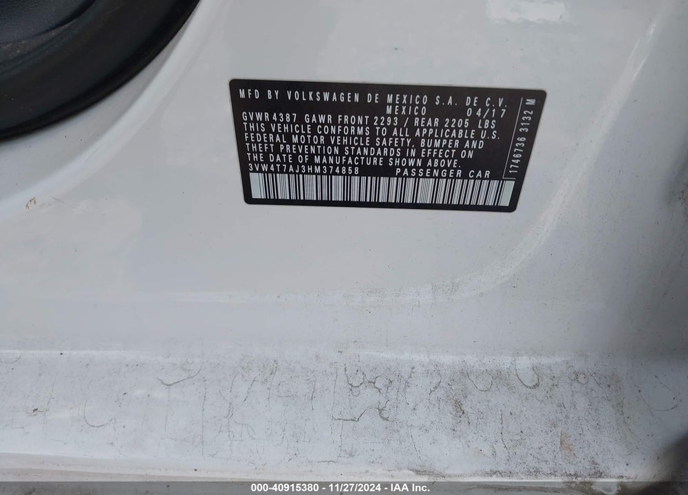 2017 VOLKSWAGEN JETTA GLI VIN: 3VW4T7AJ3HM374858