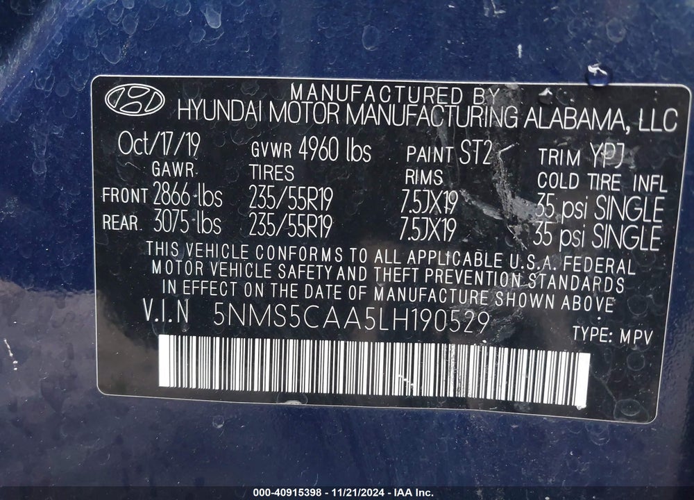 2020 HYUNDAI SANTA FE LIMITED 2.0T VIN: 5NMS5CAA5LH190529