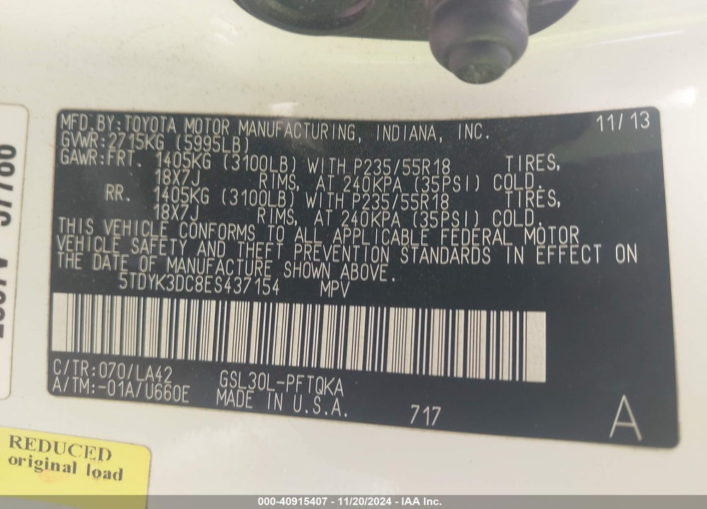 2014 TOYOTA SIENNA XLE LIMITED VIN: 5TDYK3DC8ES437154