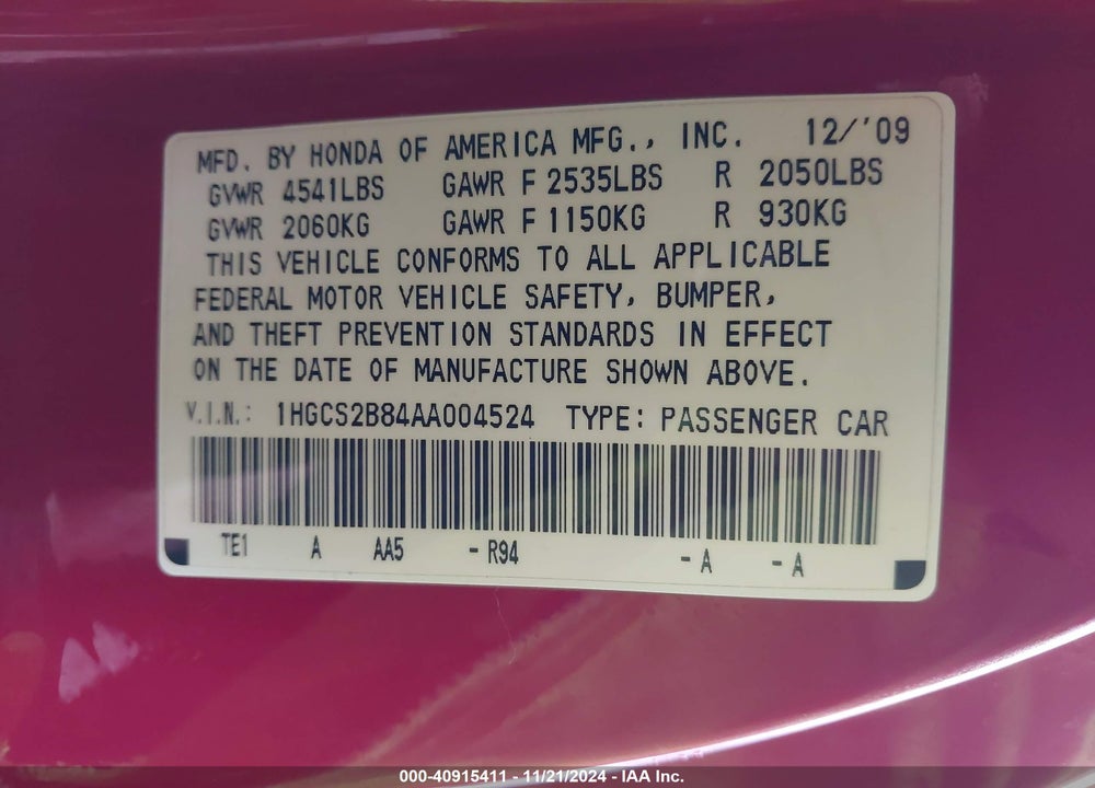 2010 HONDA ACCORD VIN: 1HGCS2B84AA004524