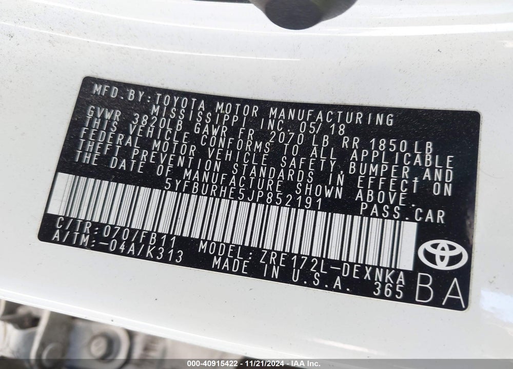 2018 TOYOTA COROLLA LE VIN: 5YFBURHE5JP852191