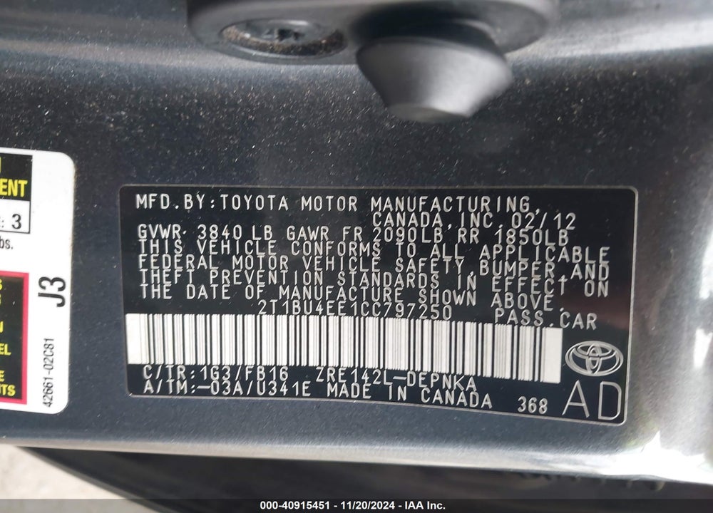 2012 TOYOTA COROLLA LE VIN: 2T1BU4EE1CC797250