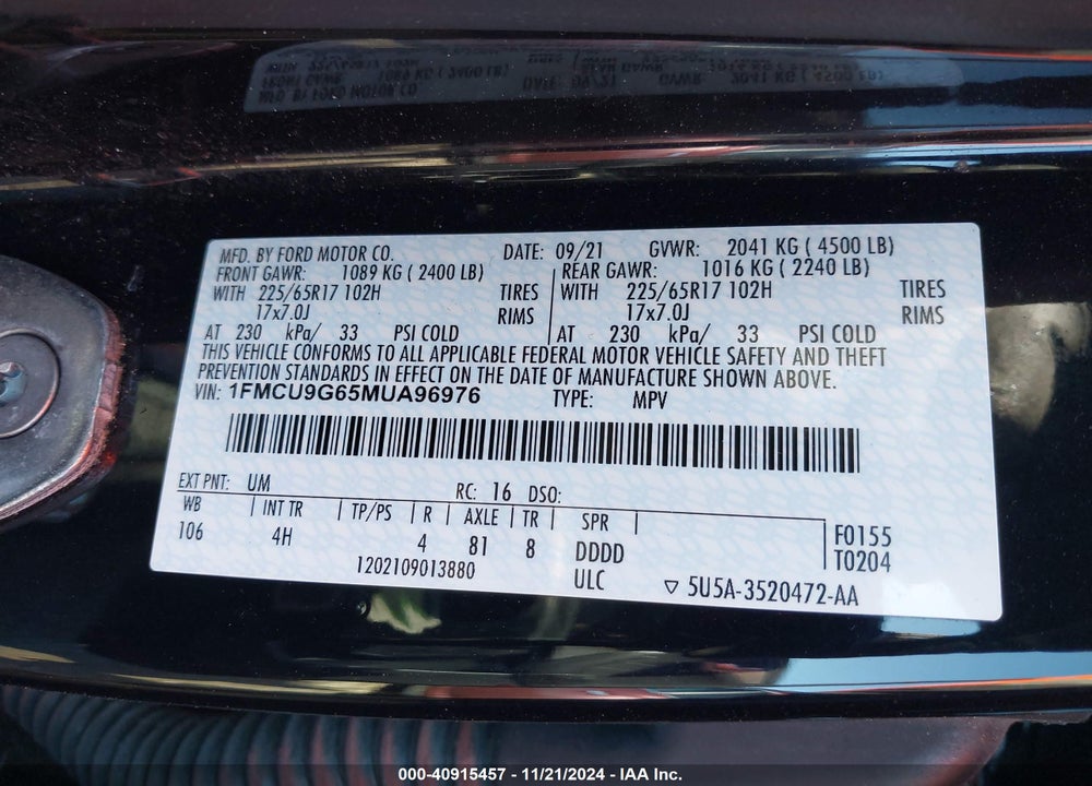 2021 FORD ESCAPE SE VIN: 1FMCU9G65MUA96976