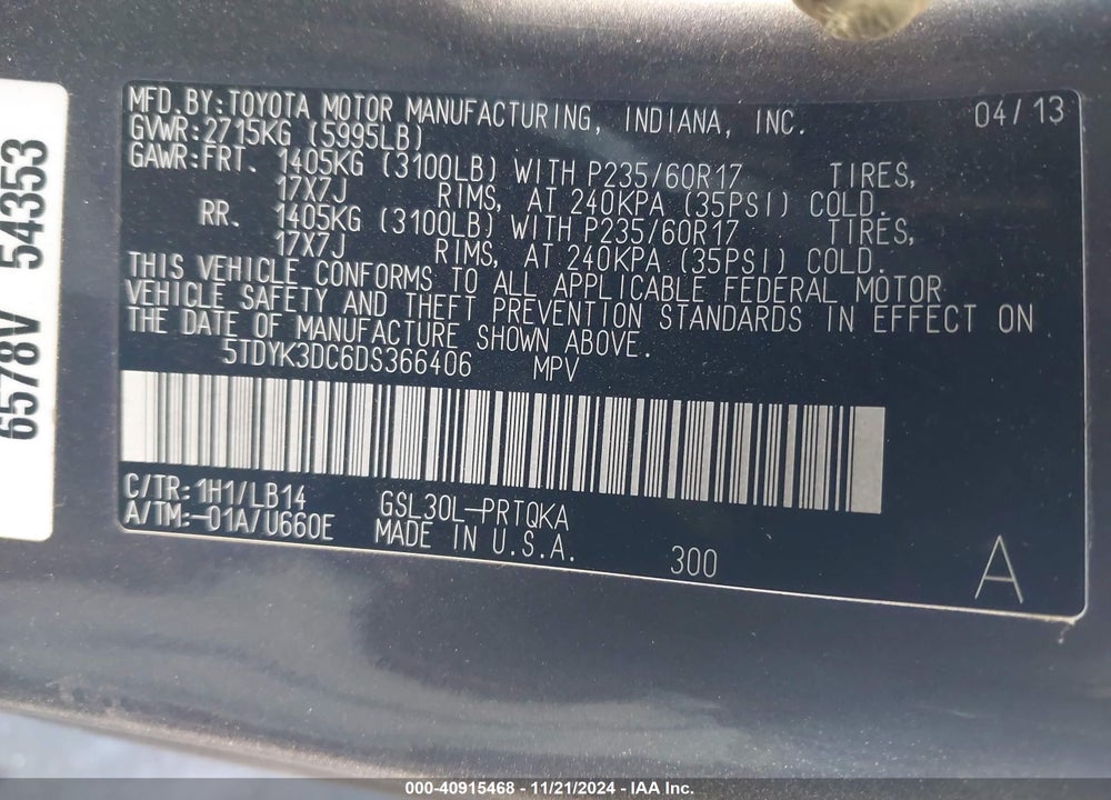 2013 TOYOTA SIENNA XLE LIMITED VIN: 5TDYK3DC6DS366406