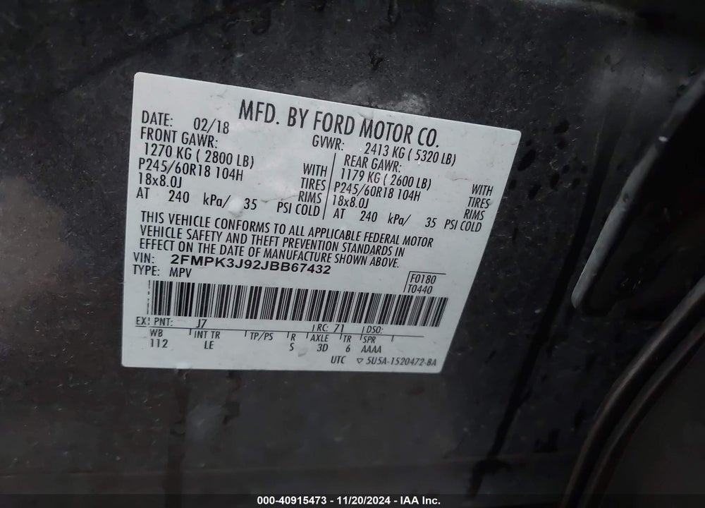 2018 FORD EDGE SEL VIN: 2FMPK3J92JBB67432