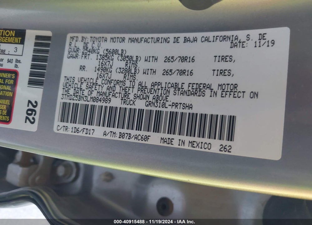 2020 TOYOTA TACOMA TRD OFF ROAD VIN: 3TMDZ5BN3LM084989