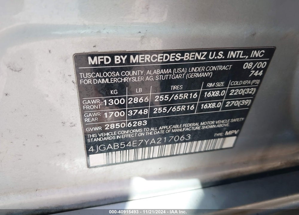 2000 MERCEDES-BENZ ML 320 VIN: 4JGAB54E7YA217063