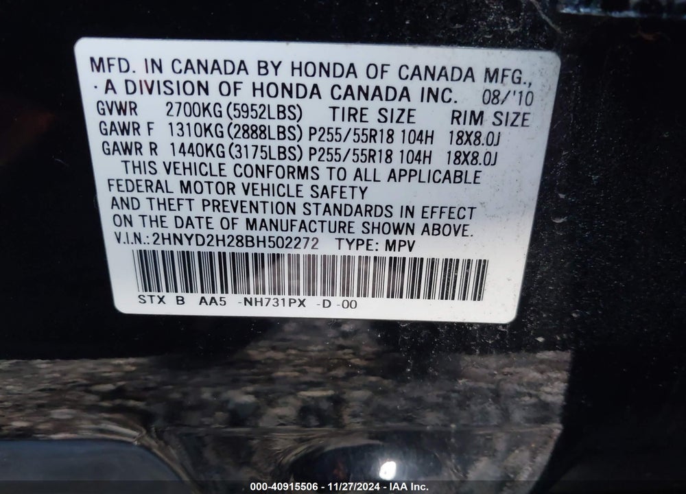 2011 ACURA MDX VIN: 2HNYD2H28BH502272