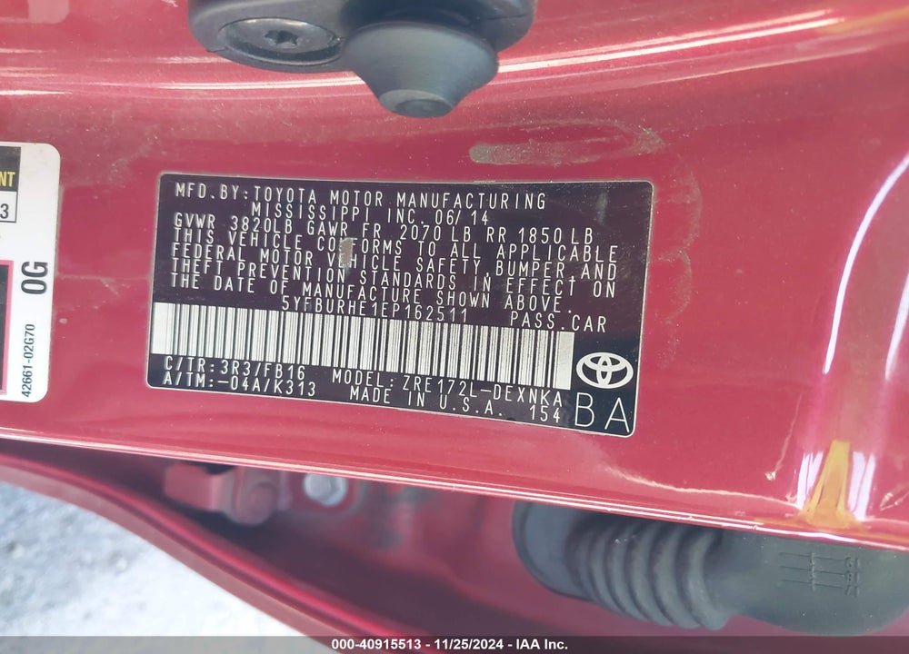 2014 TOYOTA COROLLA VIN: 5YFBURHE1EP162511
