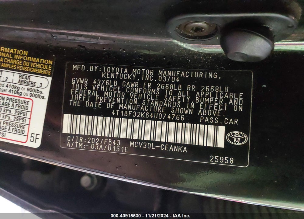 2004 TOYOTA CAMRY LE V6 VIN: 4T1BF32K64U074766