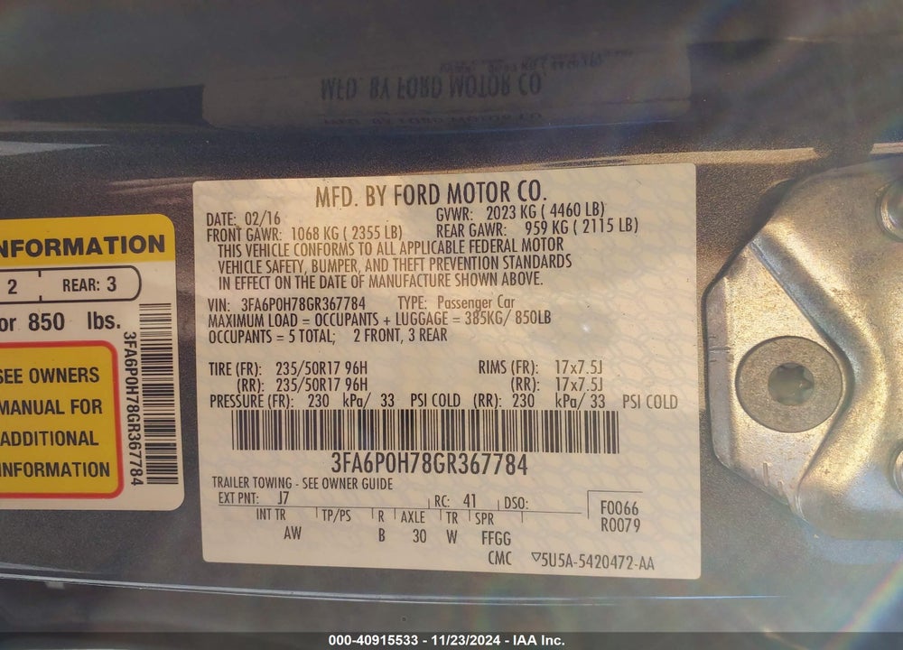 2016 FORD FUSION VIN: 3FA6P0H78GR367784