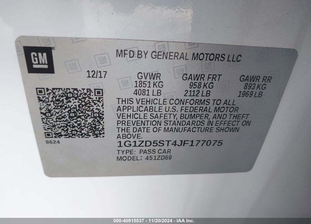 2018 CHEVROLET MALIBU LT VIN: 1G1ZD5ST4JF177075
