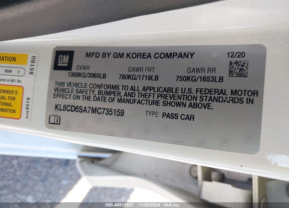 2021 CHEVROLET SPARK FWD 1LT AUTOMATIC VIN: KL8CD6SA7MC735159