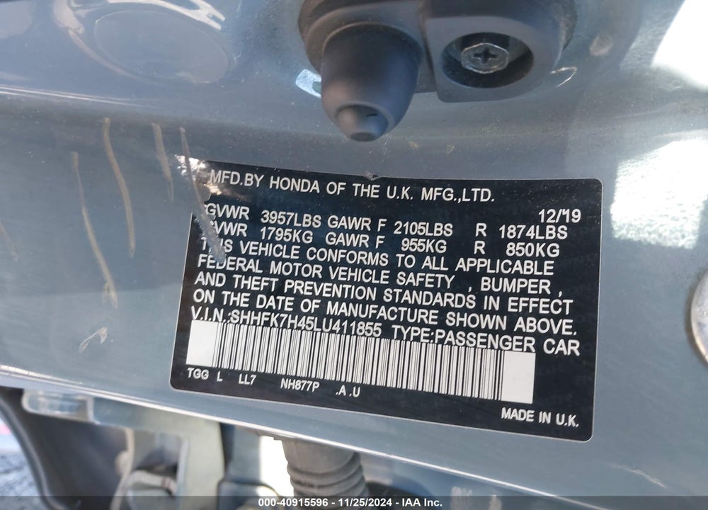 2020 HONDA CIVIC SPORT VIN: SHHFK7H45LU411855